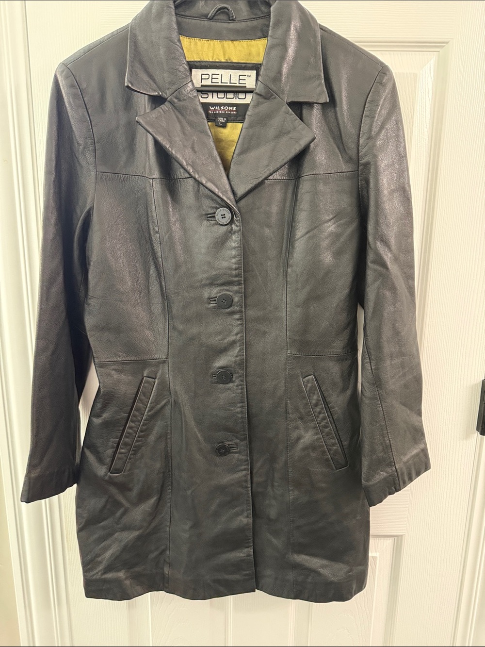 Pelle Studio Black Leather Button-Front Coat with Notched Collar